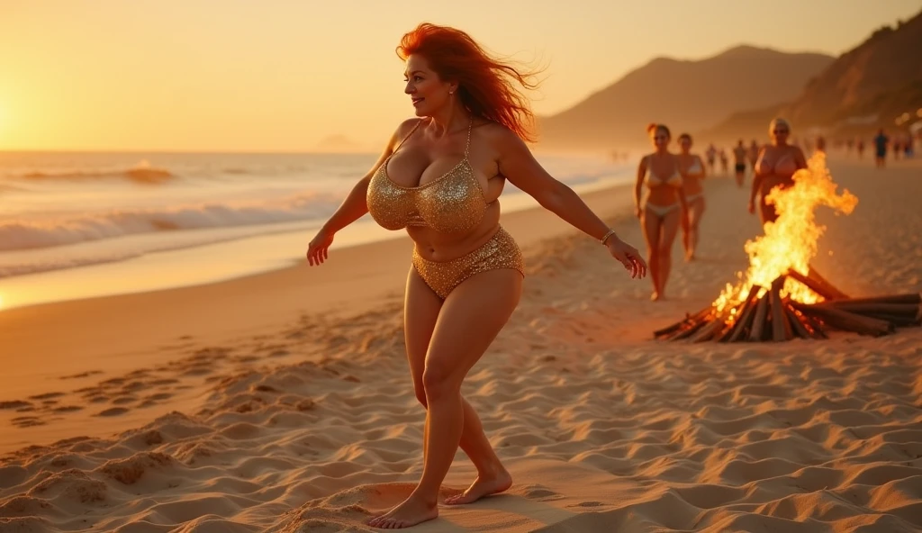 Beach , night time, lots of hot babes in bikinis laughing and playing, 2 friends they may kiss, hot women. A UFO unloads a bunch of tentacle aliens just down the beach