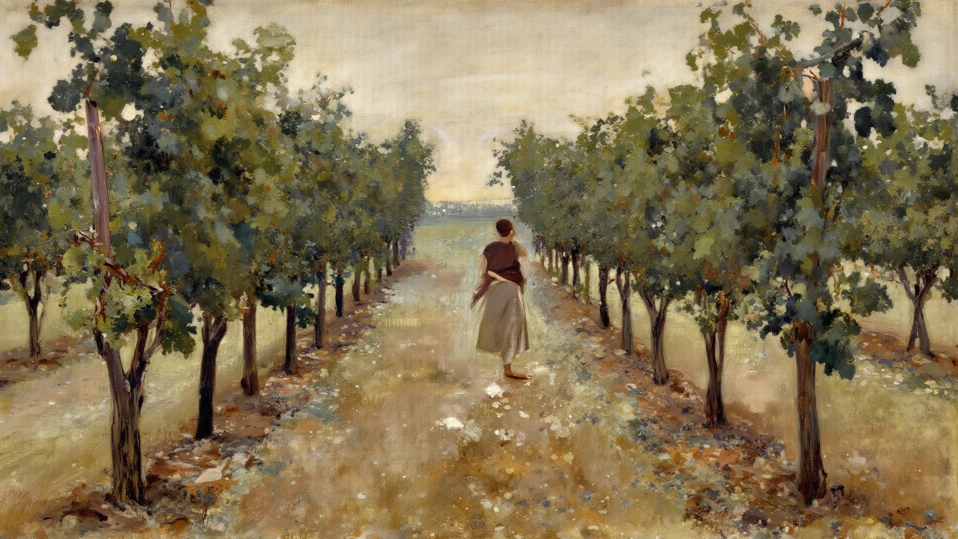 alone in the universe, Paint in watercolor style, Photorealism, discreet golden and ruby and mint shades, (nude) gentle modest thin girl 16 years old (with a very beautiful exquisite face) with tender nipples with blond hair walking barefoot in the distance (around the southern town) early morning (along the houses)
