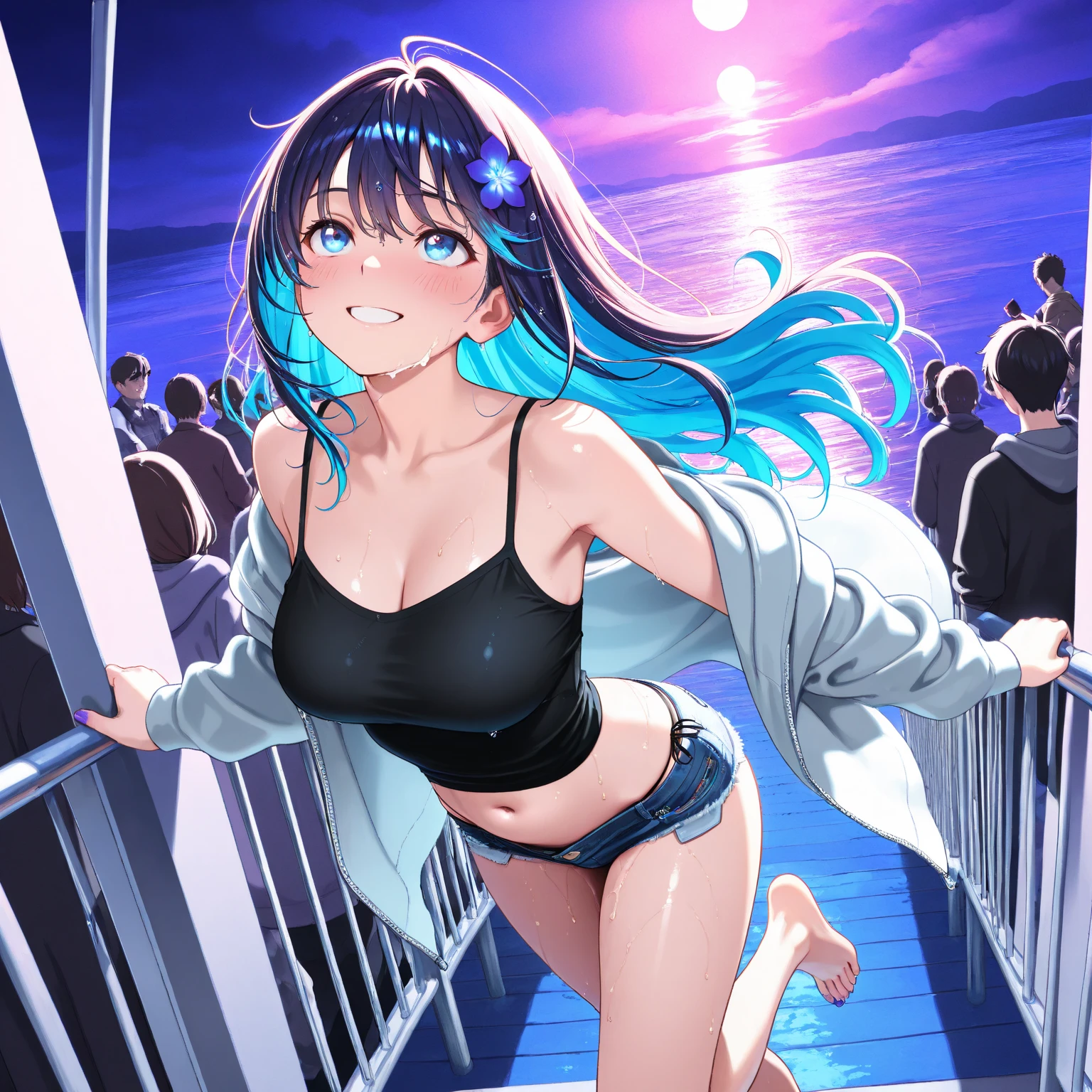 nsfw, large breasts, naked, nude, sea, Highway、 flooded、 running、 Building FIRE、 Heavy snowfall