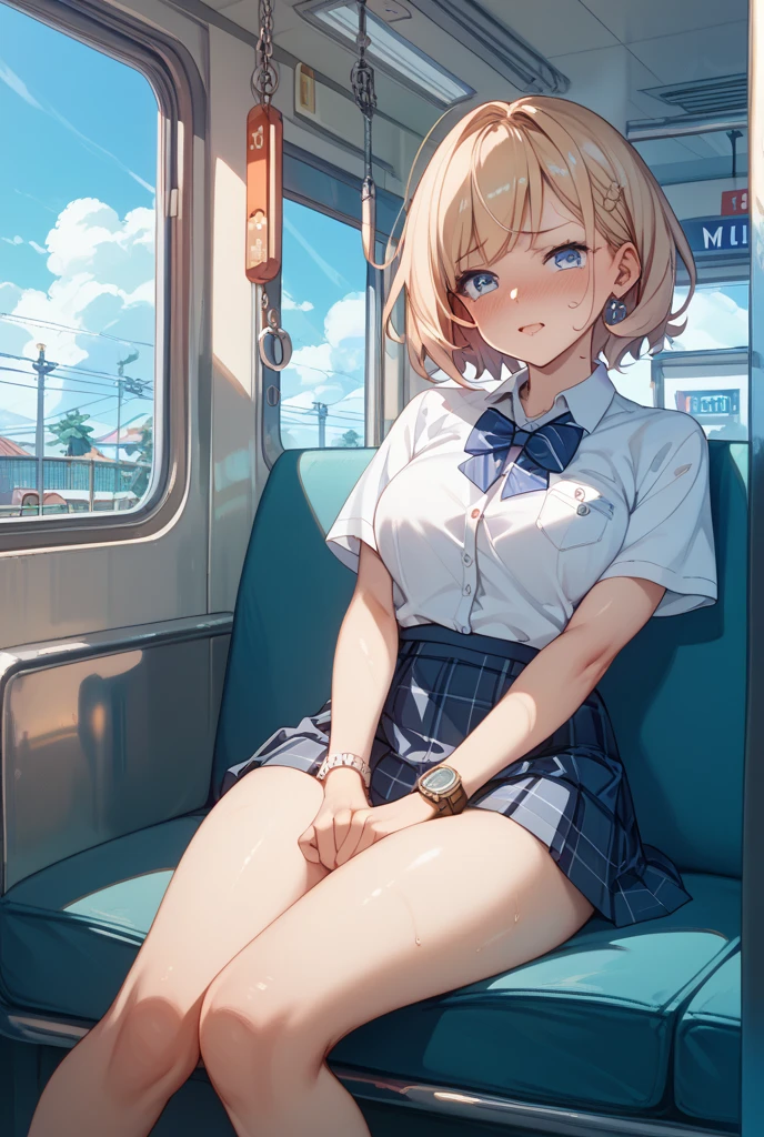table top、High resolution、2 people、2 peopleの女の子、twins、2 peopleの可愛い女の子、big and full breasts、naughty body、underwear only、see-through、pink lingerie、throw、sit on the seat、Looking up at me、confused face、blush、black pantyhose、The shape of a woman's private parts is clearly visible、nipples are visible、navy checkered skirt、micro mini skirt、very short skirt、trainの中、train、molestation、A man touches my body、a lot of people、in the crowd、man sitting next to、A man also touches my thighs、open your legs、no panties、Pick up your clothes、Naked breasts、