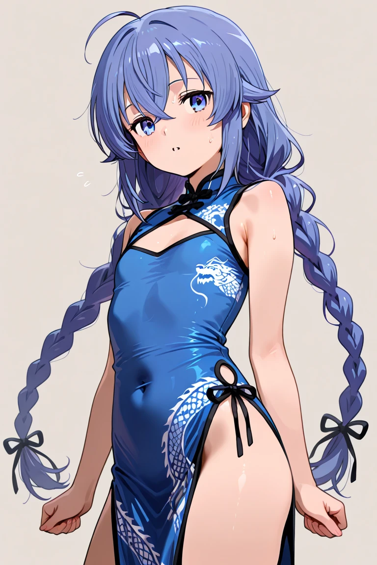 full body, (female): 1girl, (solo), (perfect face), (detailed outfit), (little girl), beautiful female, smile (happy), blue hair, long hair, twintails hair, blue eyes, (China dress), (white background), (masterpiece:1.4), (best quality), (ultra-detailed)