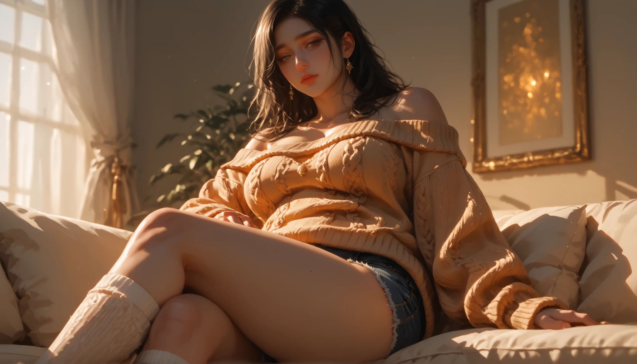 (tired expression:1.2), ((soft golden glow:1.1)),((seductive allure:1.15)), female character, white skin, long messy black hair, black eyes with subtle dark circles, tired expression, slightly chubby (not too much), large breasts, gentle belly fat, long legs, wide hips, overall seductive allure, wearing a oversized sweater off-shoulder, short denim shorts, thigh-high socks, sitting or standing in an outdoor evening scene, warm sunset backlight with soft golden glow, gentle breeze moving hair, shallow depth-of-field (85mm lens style), slight rim light accentuating silhouette, cinematic composition at 3/4 angle, digital painting, ultra-detailed textures, realistic skin shading, soft natural shadows, filmic color grading
