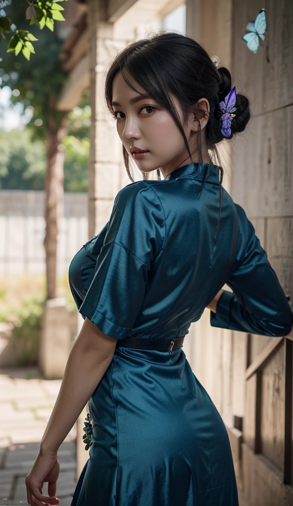 ((Best Quality)), ((Masterpiece)), (detail: 1.4), (realisticity:2), (Ranma-chan: 2.1), (braided ponytail, single ginger braid ), provocative smile, open lips, leaky belly button, (vibrant blue eyes), short skirt, cropped tangzhuang, looking at the viewer, (excellent detail, outstanding lighting, wide angle), dramatic shadows , Subsurface Scattering, Post Processing, Anisotropic Filtering, Depth of Field, Maximum Sharpness and Acutance, Albedo and Highlight Mapping, Surface Shading, Accurate Simulation of Light-Material Interactions, Perfect Proportions, Octane Rendering, Two-tone Lighting, Wide Aperture, sfw, visible through the top, ((nipple)) erect under the clothes, (extra-fine clothing material),(nipple_outline), ((sfw)), deep cleavage, black footwear, full body, perfect ass, view from rear