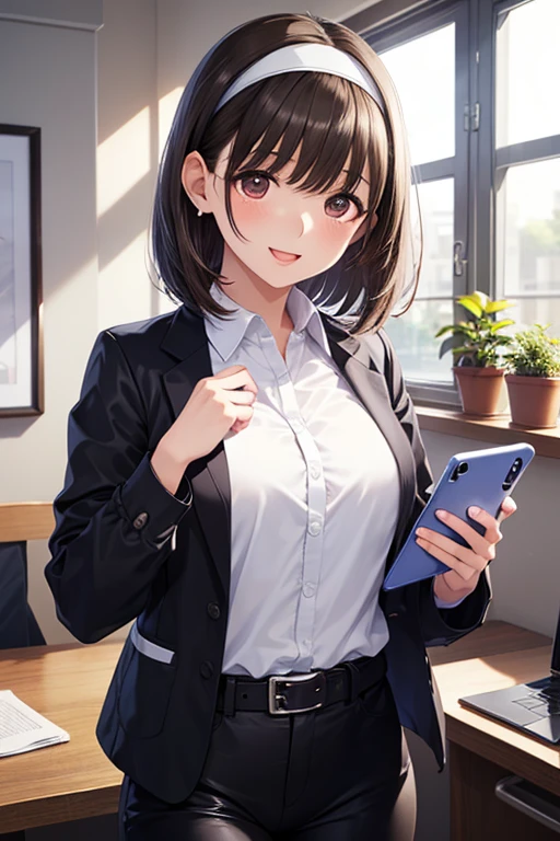 One person girl, solo, open your mouth, black hair, smile, short bob, Straight Hair, Red Eyes, (brown skin), with bangs, sitting, (Smartphone in ear), ( walking in the same direction talking happily ), indoor, warm lighting, jacket, white collared shirt, upper body, glass, indoor, (black jacket, Roll up your sleeves)), open jacket, The silver watch , white t-shirt, (White Headband)), black long pants, brown belt, plant, curtains, office worker clothes, House Living , laptop, ⦅, perfect hands, cute, blurry background, masterpiece, 最high quality, high quality, very beautiful,,、,
,( masterpiece, best quality, high resolution, ultra high resolution, pixel perfect, depth of field, 4K, RTTX10.0),
、Anegasaki Nene, shiny brown hair, beautiful brown eyes, smiling face, sparkling pupils, (fine grain), , highly detailed face,, (masterpiece:1.2, best quality), ((only1 girl)), ((cowboy shot))