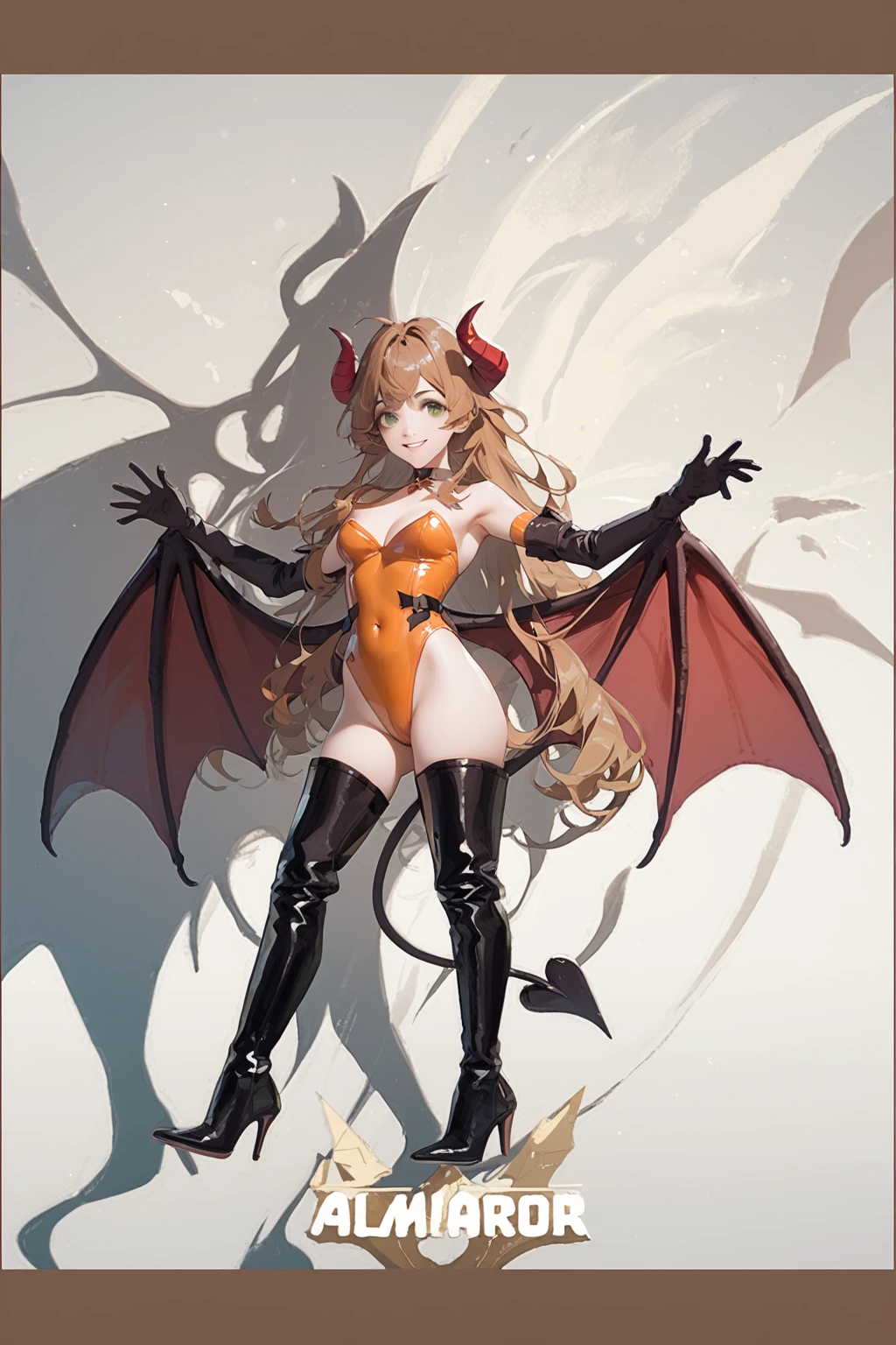 ((Highest quality)), ((masterpiece)), (detailed), （Perfect Face）、The woman is a naked demon queen, Devil Queen Aerith, wearing a shiny black full-body bodysuit decorated with gold, a sexy female demon, Devil Queen Aerith、The woman is a female demon, Aerith, with magnificent devil horns, jet black devil wings, and a jet black tail. She is looking at the camera with a happy expression, her brown medium-long hair is braided in the back and she has the expression of a girl in love.、The woman is Aerith