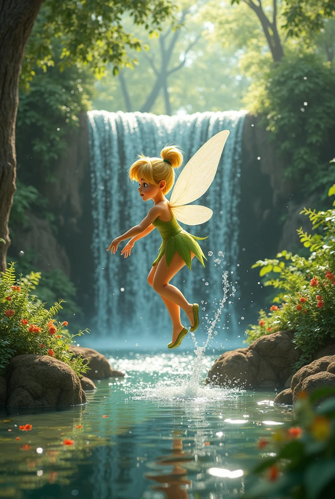 Generate a realistic photo.Image: A beautiful park with swings, colorful flowers, and a sparkling fountain. Children are enjoying the park, and the fairy is seen waving her wand to create the park.