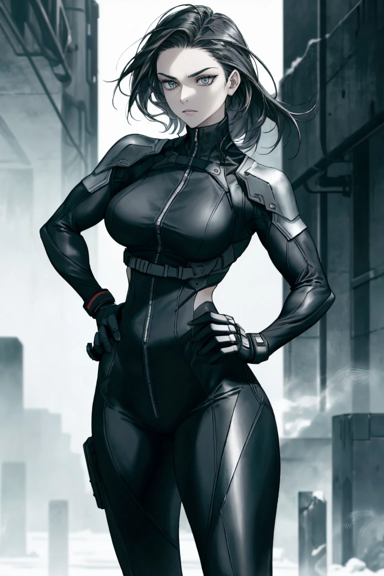 pale angry muscular girl thick breast black hair yellow eyes hair between eyes ((full black bodysuit)) ((full black bodysuit)) ((full black bodysuit)) ((full black bodysuit)) ((full black bodysuit))
