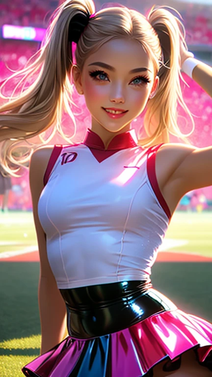 (Raw photo: 1.2), (Photorealistic: 1.4), nsfw, top quality, unparalleled masterpiece, ((Perfect female figure)), illustration, very delicate and beautiful, very elaborate, CG, unity, 8K wallpaper, wonderful, elaborate, masterpiece, highest quality, official art, highly detailed CG Unity 8K wallpaper, absurdity, huge file size, super detailed, high resolution, highly detailed, Very elaborate girl, fine eyes and face, beautiful eyes, 1 girl, stiff shoulders, big breasts, [thin waist], perfect figure, slim, (platinum blonde hair: 1.3), watch viewer, spread lips, realistic light, realistic shadow, sparkling light, face, close, look down, (ulzzang-6500-v1. 1:0.8), cheergirl, with pom-pom, ponytail, cheerleader,(cheerleader uniform, white thighs:1.4), dance, stadium, cowboy shot (cheerleader, crop top, miniskirt, bare shoulders, white skirt, standing, holding pom-pom), pom pom(cheerleading\), outdoor rest, packed stadium, blue sky with clouds, smiling, sweating