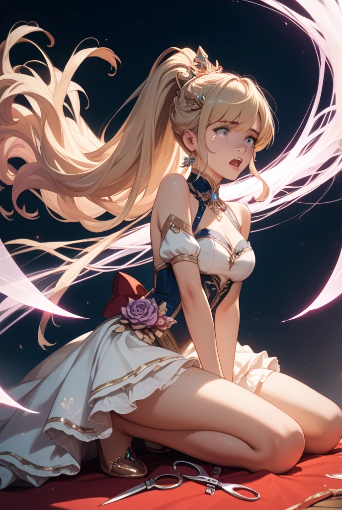 finest image, portrait, beautiful cute woman, amorous expression, lewd expression, ecstasy, orgasm, blonde braided bangs iridescent short hair, gold sparkling big eyes, red alluring moist big thick lips, medium breasts, slender, perfect proportion, long thin legs, navy blue and white girly ruffle dress, skirt lift, white panty, white knee high socks, thighs, background fantasy, a hill with a large tree full of fresh greenery, that emits fantastic light, light particles, light sparkles, petals, scatter gold and silver glitter and confetti, iridescent light particles, detailed and delicate depiction, professional lighting