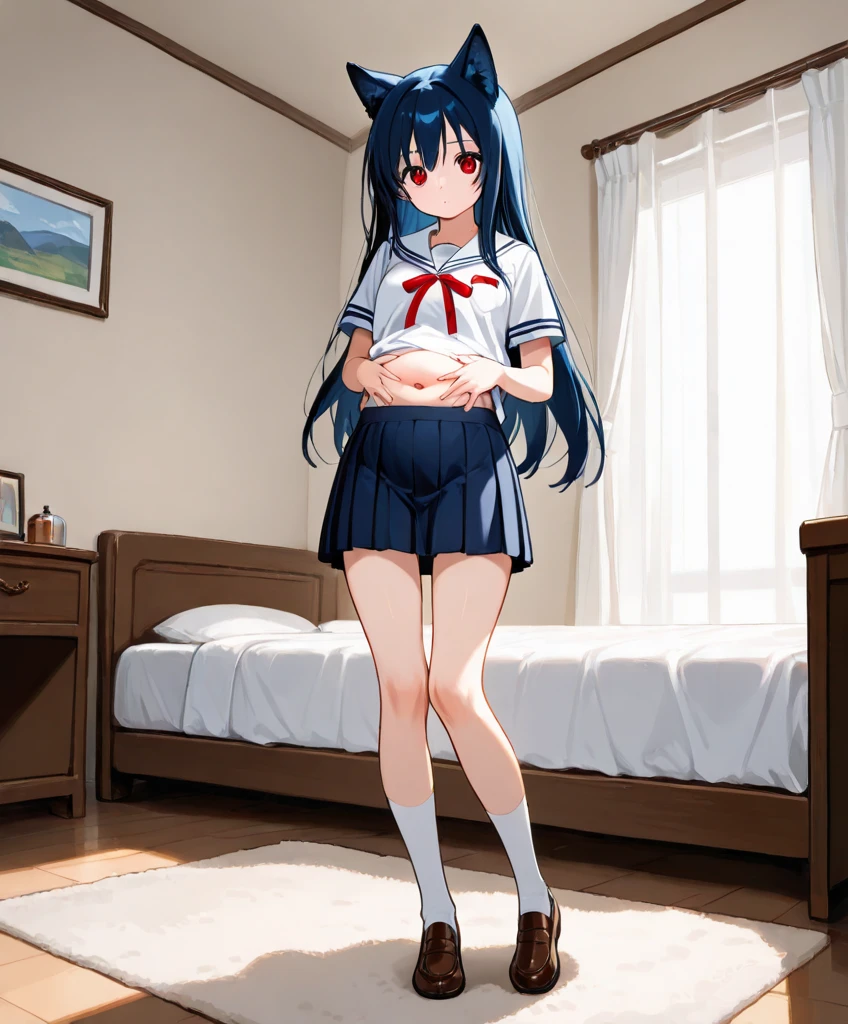 Plain white with emphasis on the chestTshirt、You can see the chest from the neck、Ultramarine and white striped mini skirt、When you lift up her skirt you can see her cute pink frilly underwear...、fluffy, White frilly flared skirt、When she lifted her skirt, She found some cute red frilly underwear、barefoot、