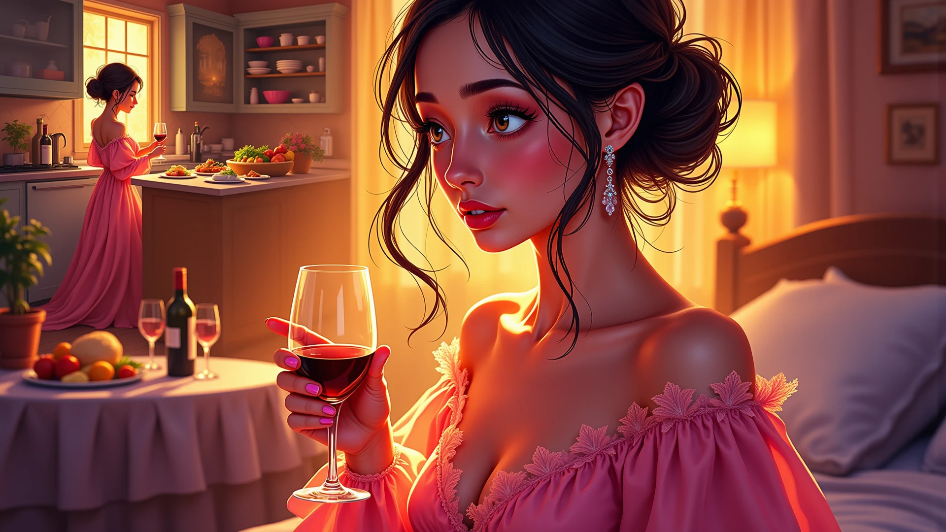 Western-style restaurant, A beautiful girl sits at the dining table, ssmile, There are wine glasses on the table with red wine,Western plate,lamplight