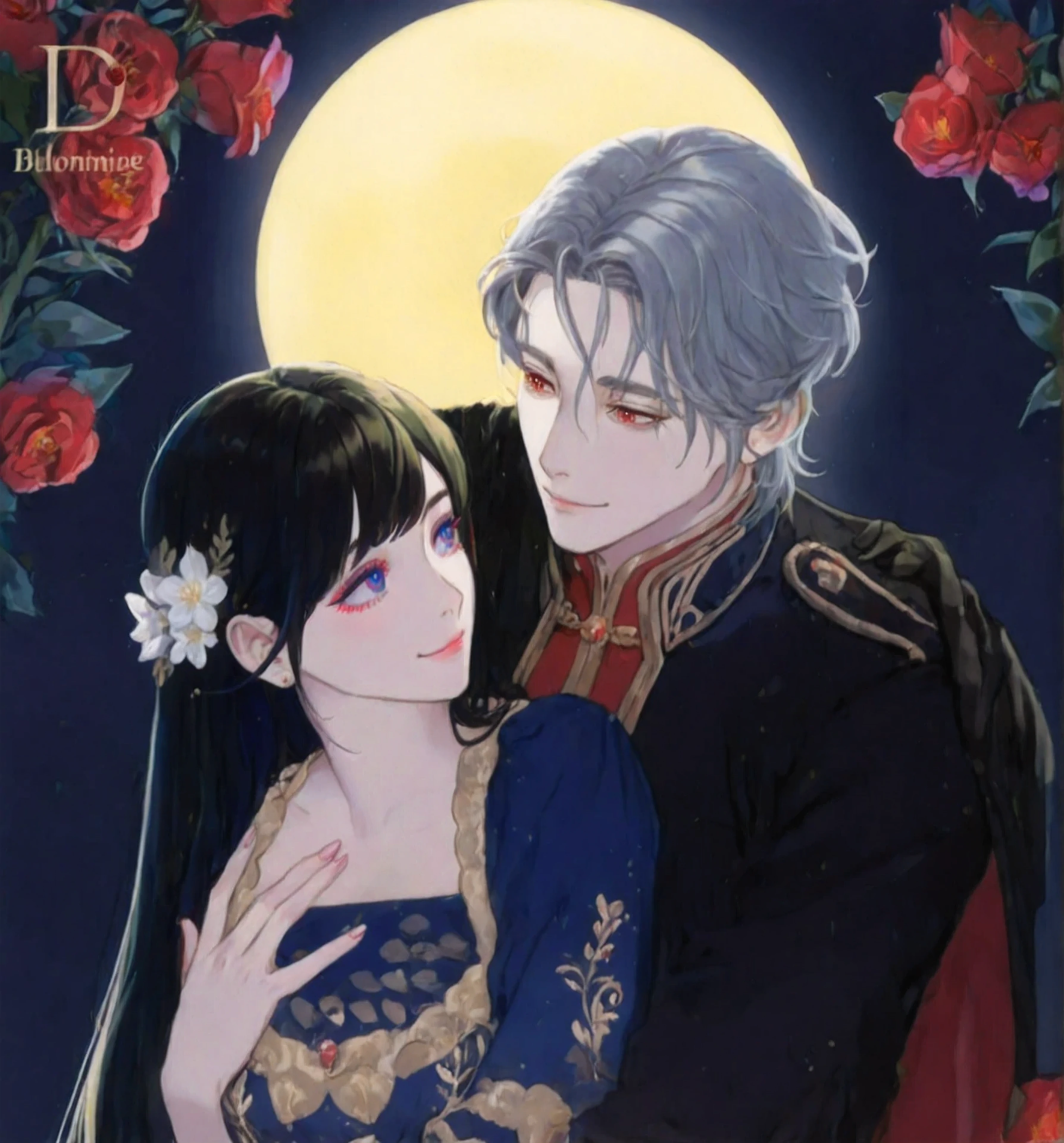 The man has silver hair and red eyes wears a royal or military-style black and red outfit with gold details, giving him a noble or princely appearance. He gazes tenderly at the woman.
The woman has long, dark hair adorned with white flowers and blue eyes wears an elegant blue and gold dress with floral embroidery. Her large violet eyes look lovingly up at the man. The two are surrounded by blooming red roses, enhancing the romantic atmosphere.