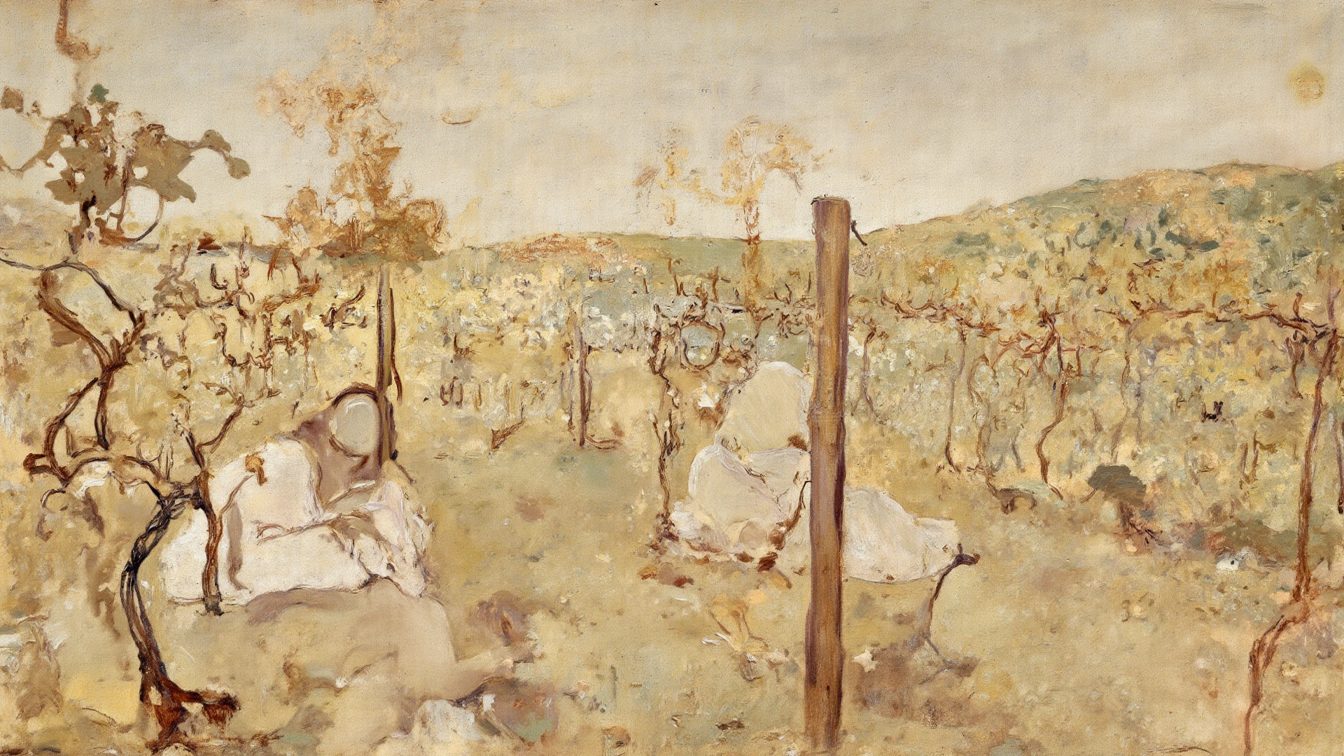 full body view, naked rural saxones man and naked woman with shaved pussy work in Vineyard on hill, Andrew Loomis style, Masterpiece work of art, highly detailed linework reminiscent of Carne Griffiths, imbued with Wadim Kashim's bold color and texture, light and airy as Carl Larsson's compositions, featuring Pascal Blanche-style hyper-realistic characte
