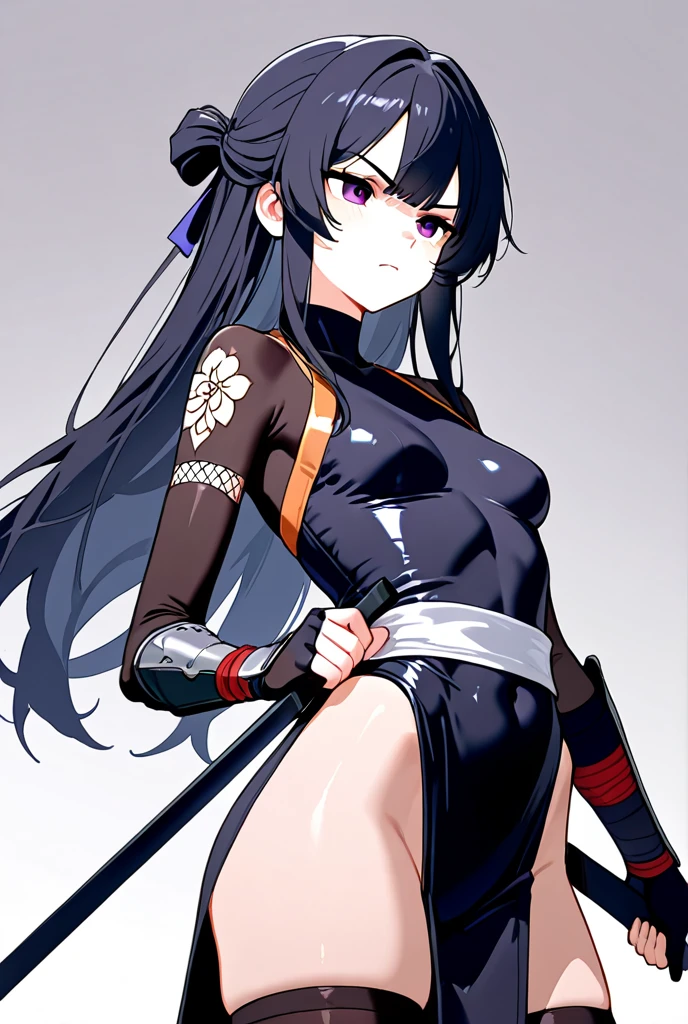 female samurai,black hair,simple background,sexy,chest,decorations,cute,be happy,medium length hair, bare, pussy, โชpussy, โชchest, Large Jacket, white stockings, The body is realistic and anatomically correct.