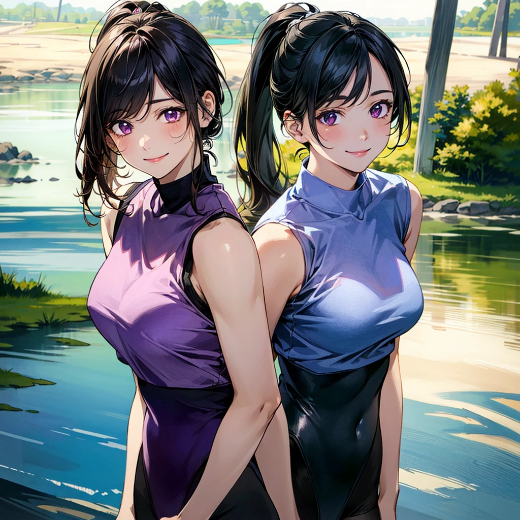 mixed_artwork style, hands, Asian, short black sleeveless t-shirt, black pants, short black hair with red highlights, red eyes, visible curves. 

mixed_artwork style, 2 girl, standing alone, hands, beautiful woman, Asian, thick, short white blouse tied, short shorts, white hair ptinta locks, twin tails, lotus flower details, sarcastic smile, star and heart touch, realistic, textures, 8K, perfect hand, perfect anatomy. 