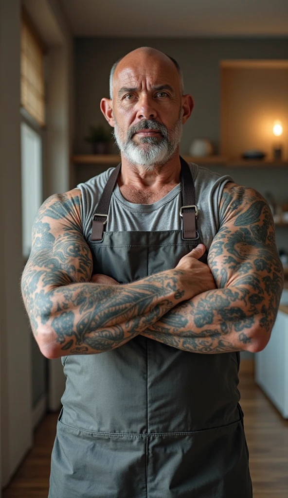 A white man with blue eyes and a cook, with tattoos on the body, two knives, one in each hand 