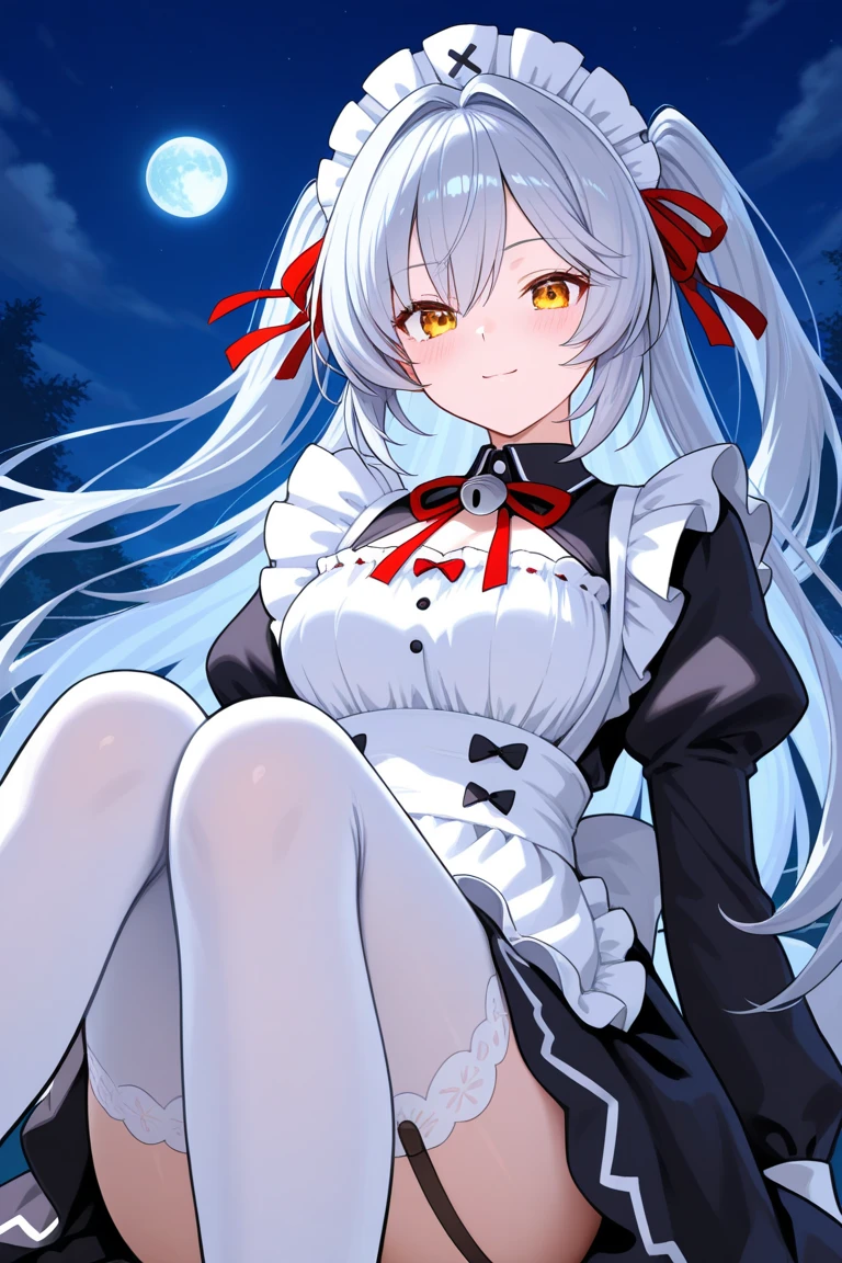 cafemaidalter, white thighhigh,twintails, yellow right eye, red left eye hairband, heterochromia, twintails,kurumitokisaki, kurumi tokisaki, bent over, smile, solo, dutch angle, looking at viewer, cowboy shot, bent over, smile, solo, dutch angle, looking at viewer, cowboy shot,landscape, night, moon,maid headdress, blue eyes, large breasts, frills, vertical-striped dress, blue dress, short sleeves, black pantyhose,masterpiece, best quality, highres