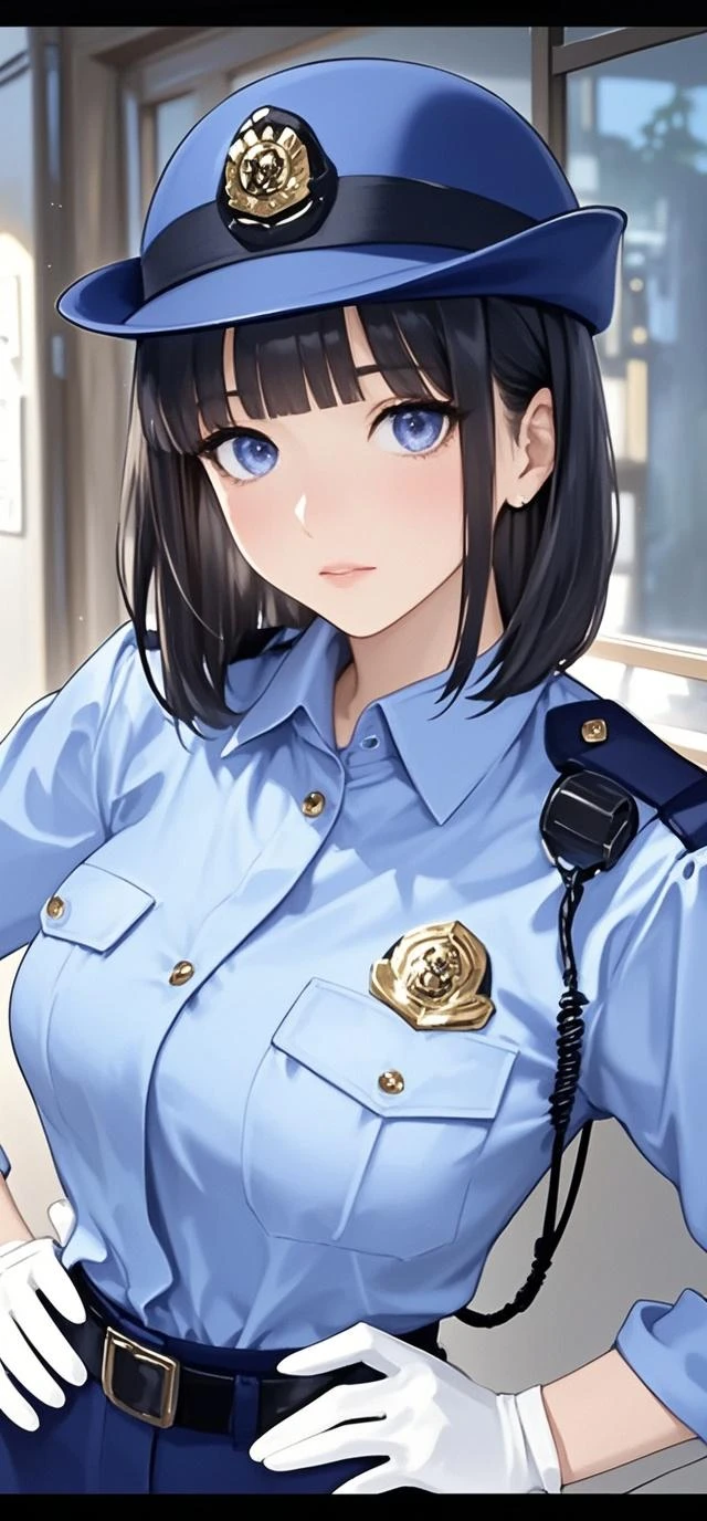 nari , blue eyes, black hair, short hair, big breasts,big silver cluster. earrings ,hair ponytail , lipstick , police uniform