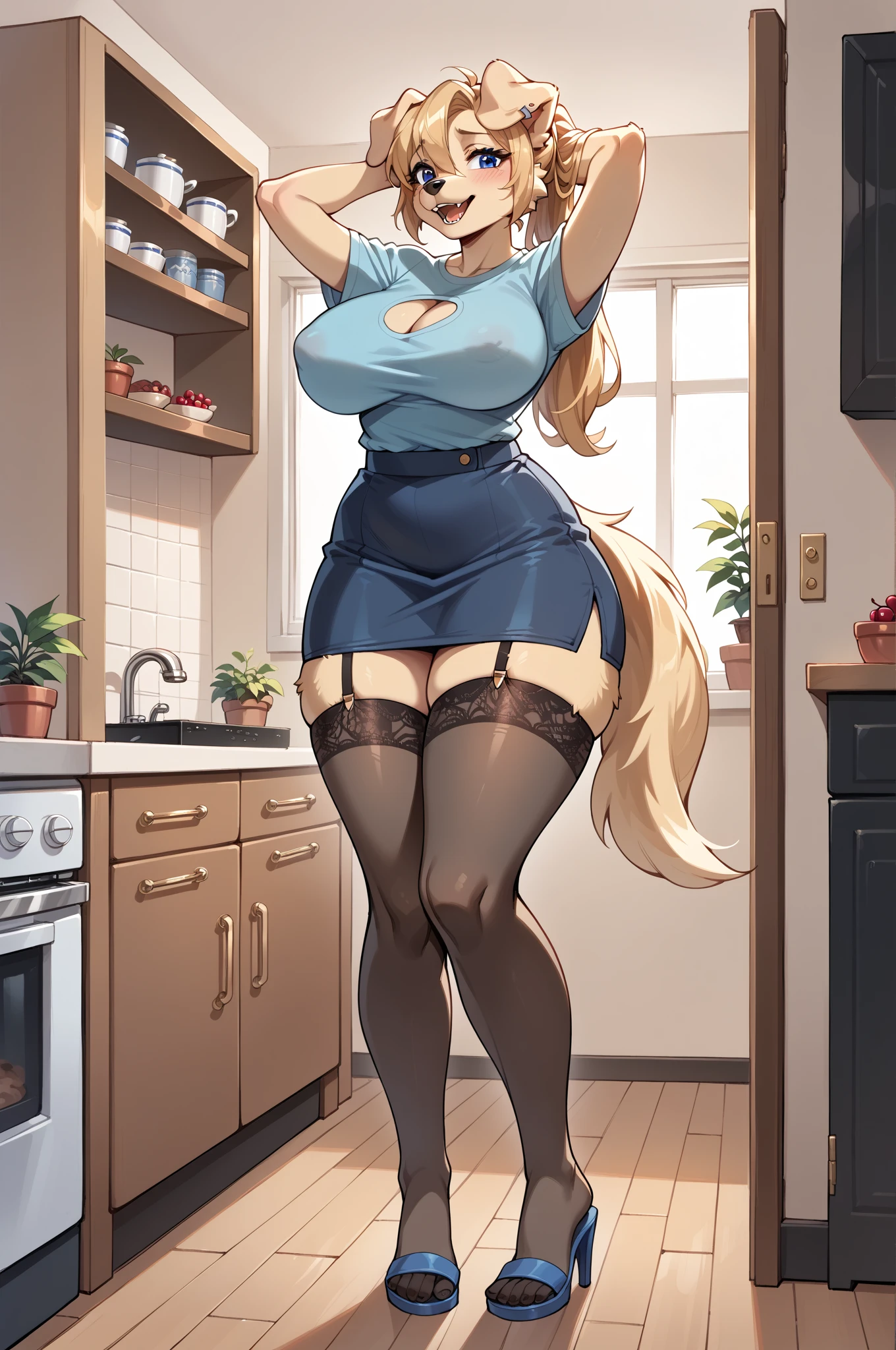 (anthro, fluffy fur, character focus:1.1), 1girl, anthro dog girl, body fur, solo, medium breasts, (thick thighs:0.3), curvy,(upskirt:1.2)