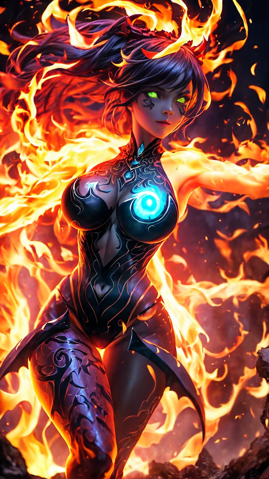 Fantasyart、(top-quality、masterpiece:1.2)、ultra-detailliert、(photoRealstic:1.1)、(sharp focus)、(A female spirit of melted flame that burns bright red:1.5)、(full body Esbian:1.4)、Detailed Molten Fire Elemental, fire demon wings、(Red and Yellow Blue Flame:1.5)、Being in a fantasy world。Fractal art of flame、kindly smile、beautiful face、A detailed face、perfectly proportions、big breasts、busty, curvy hips、navel、buttock、Crotch gap、thighs thighs thighs thighs、(Dynamic Poses:1.5)、Steampunk style、Detail Master 2、steampunc、Movie girl、Girl melts、