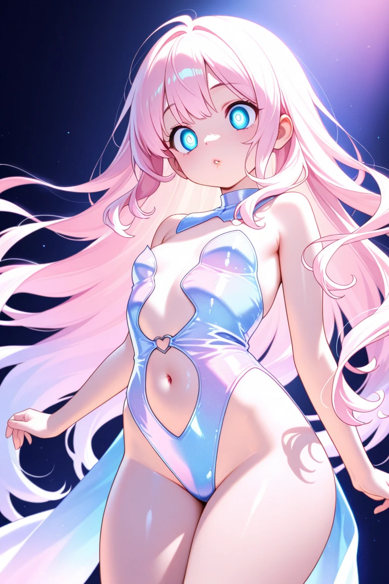 Young girl, long hair, purple hair, blue eyes, pale skin, pink and blue latex bodysuit