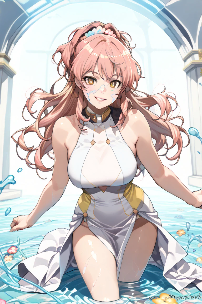 1girl, Solo, curvy figure, Long hair, swollen thighs, big ass, (Detailed wide hair bangs, Hair Ornament, Detailed reddish-pink hair, shiny streaks, slim arms, detailed golden crest), small breasts, light pink nipples, ( upper body, half body shot, covered breasts), cheerful smile,
(High definition, Best Quality, Realistic, Anime style: 1.0, Adult Woman, (ultra detailed body), (garden, sunlight filter), Soft focus, high resolution, lacus4), 1girl, Solo, subtly curvaceous, Long hair, (hips), rounded derriere,