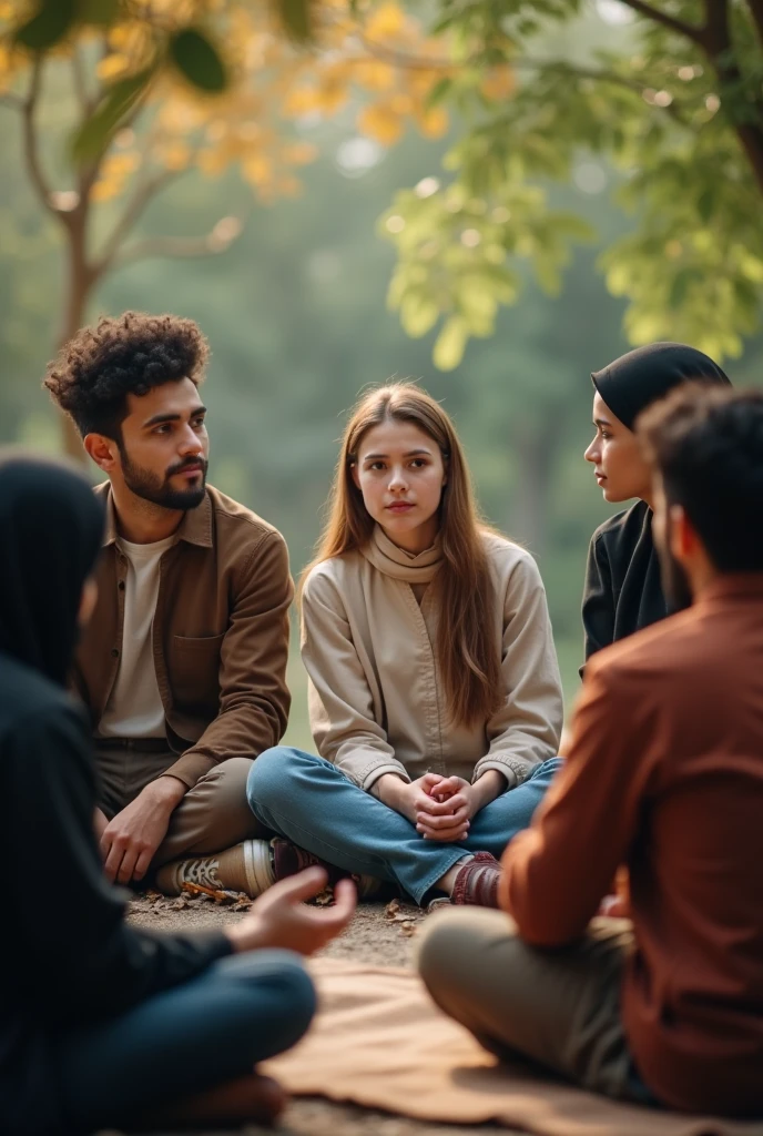 Black headscarf, barefoot, Woman in jeans chatting with male friends while lying on picnic.