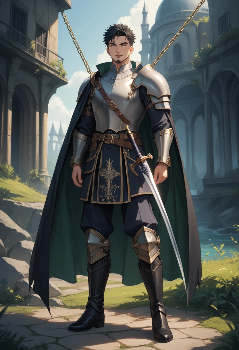 A middle-aged man with short golden hair, tousled hair, a large X-shaped scar on his face, has gentle eyes, a calm expression, a fantasy-style coat with leaf-shaped chest armor, the color scheme is mainly grass green, with earthy yellow as secondary colors, a belt around his waist, coarse cloth trousers, the background shows a medieval fantasy-style street with snowflakes falling, this character embodies a finely crafted fantasy-style soldier in anime style, characterized by an exquisite and mature manga illustration art style, high definition, best quality, highres, ultra-detailed, ultra-fine painting, extremely delicate, professional, anatomically correct, symmetrical face, extremely detailed eyes and face, high quality eyes, creativity, RAW photo, UHD, 8k, Natural light, cinematic lighting, masterpiece:1.5