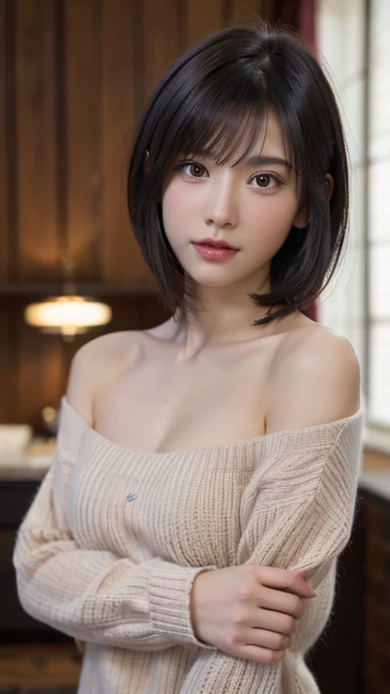 (realistic, photo-realistic:1.37), (8k, RAW photo, best quality, masterpiece:1.2), at class room, cute, ultra-detailed, physically-based rendering, ultra high res, in the morning, 18 years old girl, looking at viewer, photorealistic, realistic, solo, photorealistic, best quality, extremely detailed face, extremely detailed eyes and face, beautiful detailed eyes, haunting smile, ((complete closed mouth)), ((straight hair)), short bob hair, slender, slender arms, big breasts, ((erected nipples)), no brassieres, pure white summer sweater, cowboy shot,