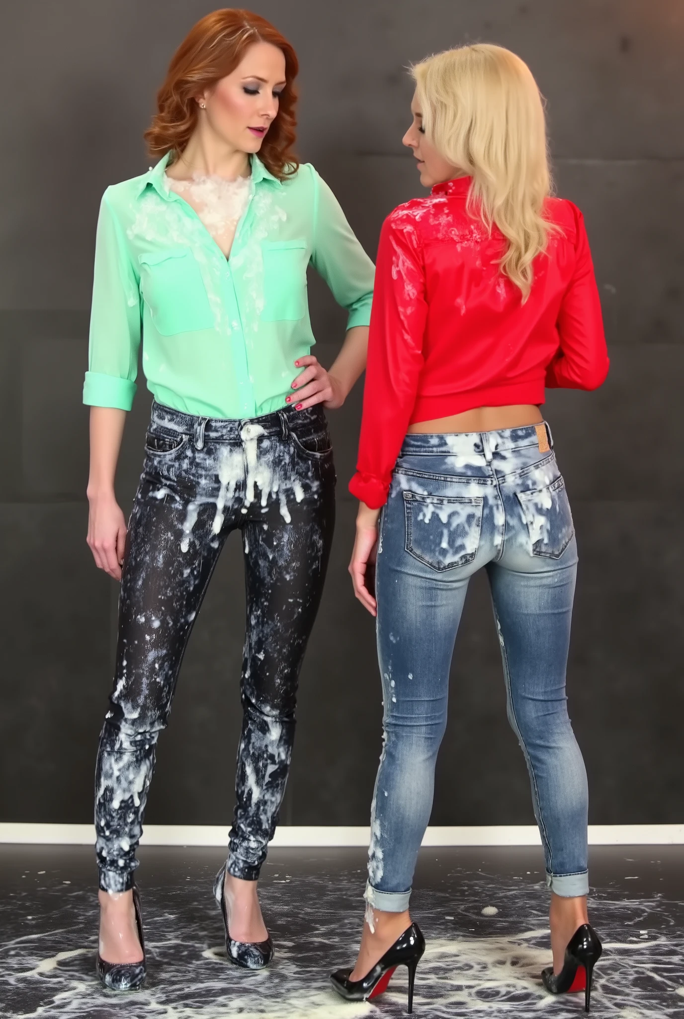 five women, lined up in a bar, different color skinny jeans, high heel pumps, white blouses, wetting, big smile, pee stains are gleaming wet, bright lighting