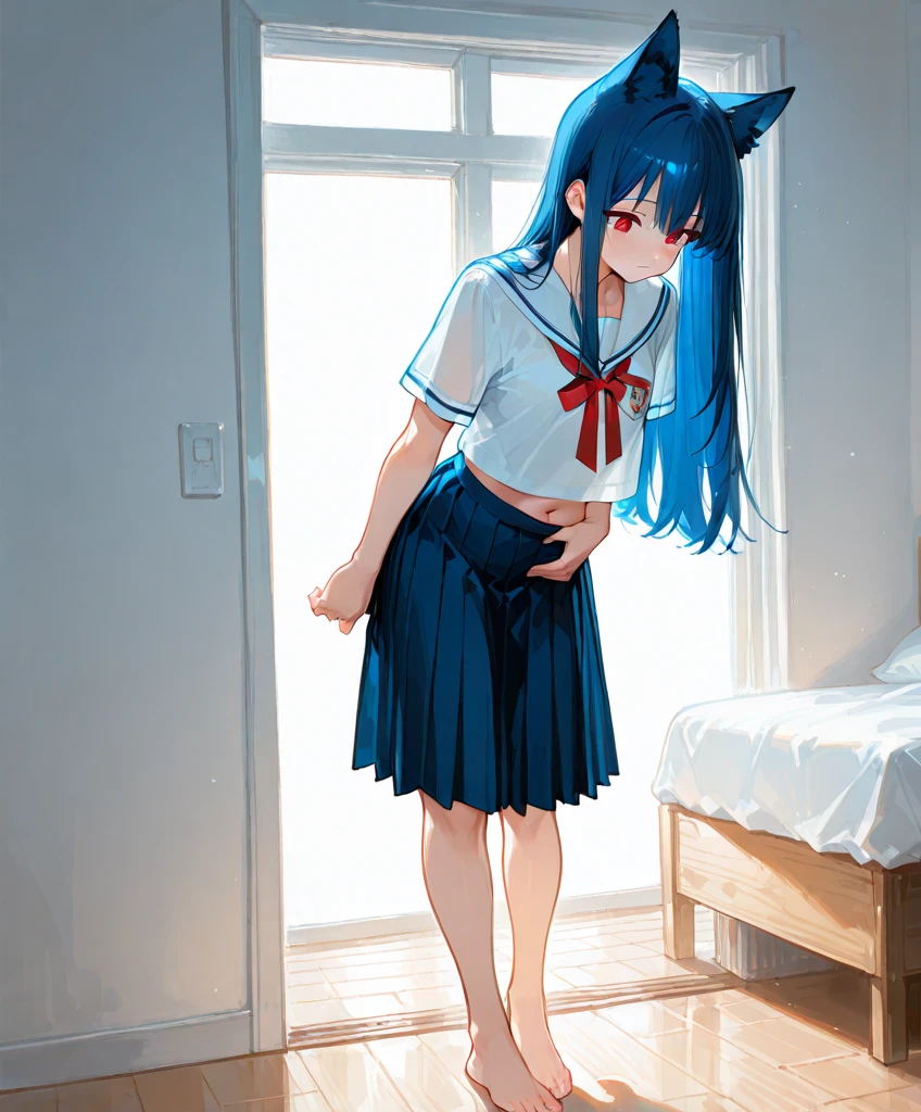 Create an anime style image of a woman, seen from behind, wearing a long shirt that covers half of her butt with her legs slightly open and a light blue furry animal tail 