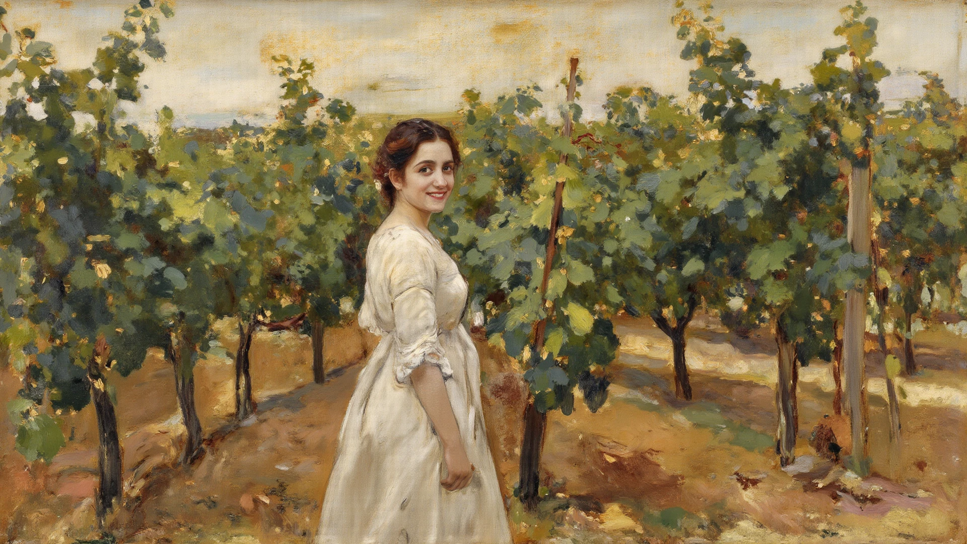 A oil painting, slender girl, small breasts, naked, a vineyard in the background, walking, black hair