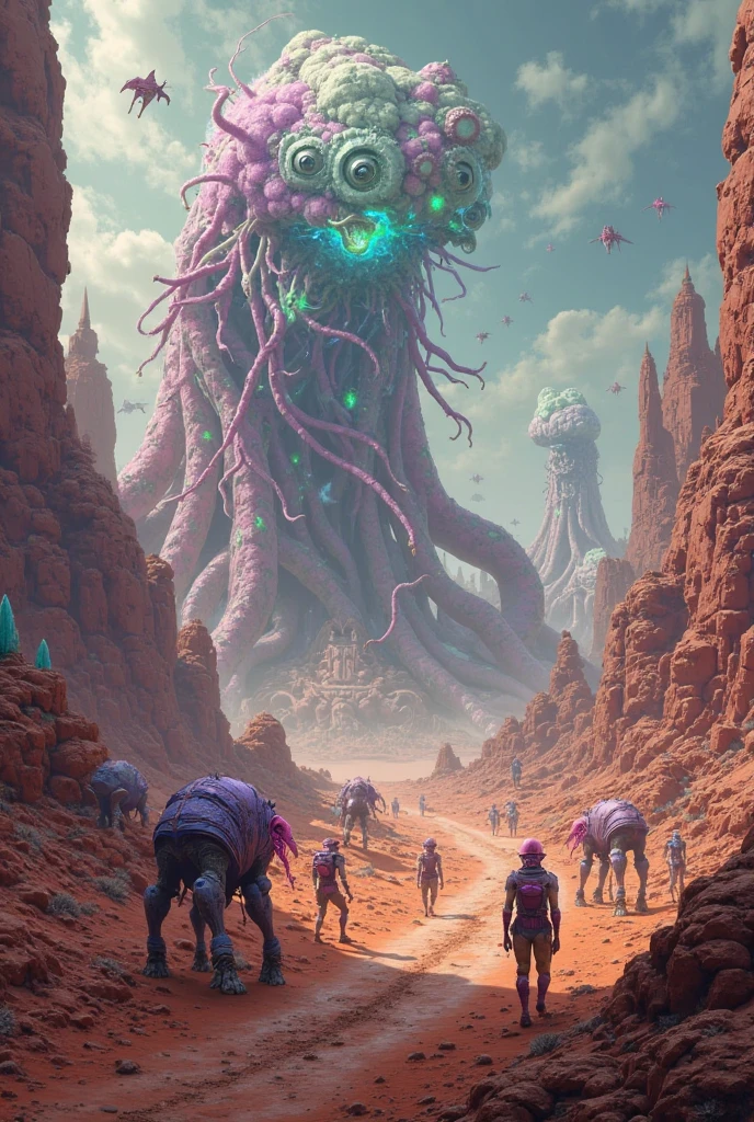 Mobis (Jean Giraud) Style - A picture by Jean Giraud Mobis, The picture shows a large group of armored dead alien monsters being taken away by humans while they were resting., western backdrop in Mobis' signature style with sharp detailing and vibrant colors. Shot with Panavision Panaflex Gold II and Ultra Panavision 70 lenses, The image is full of film grain and low-key lighting,It creates a mysterious and tense atmosphere.