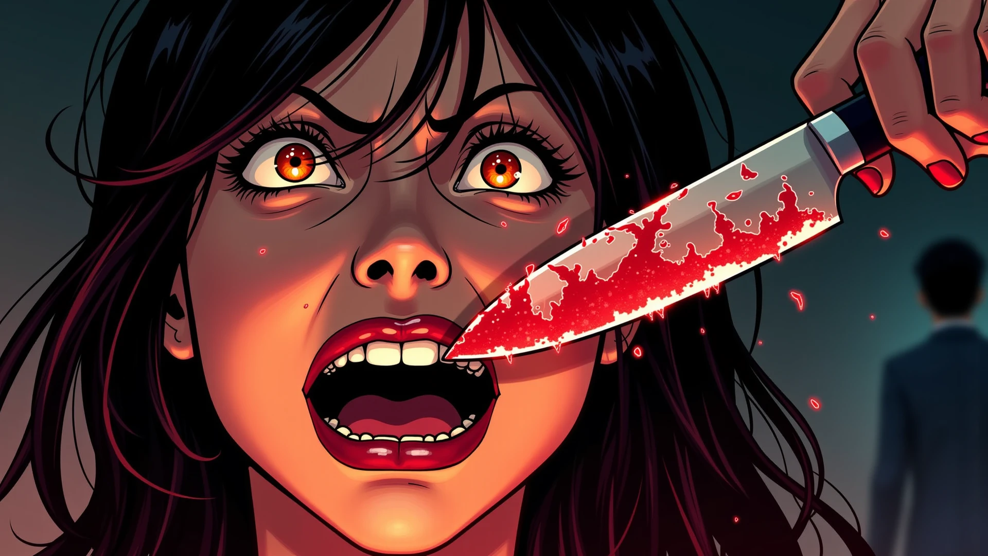 just knife on a table, dark surroundings, few drops of blood, realistic comic book style image of a woman trapped
