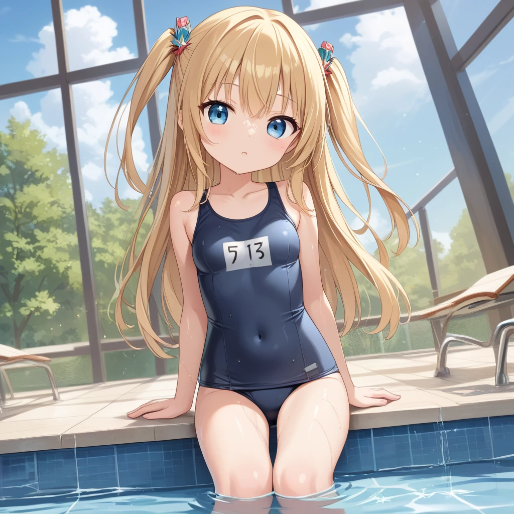 ((masterpiece)), ((best quality)), (ultra-detailed), ((kawaii)), cute, (lovely), illustration, anime style, 1girl, cute girl, solo, full body, full body focus, School poolside, outdoor, (beautiful eyes), beautiful straight hair, long hair, slim, slender, medium breast, (Dark blue school swimsuit), seductive smile, dynamic pose, (happy expression:1.2), (light rays:1.3).