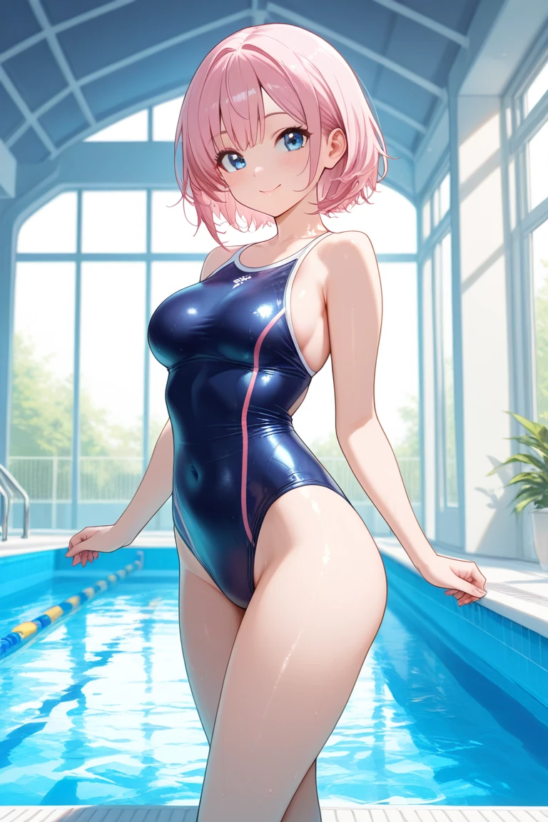 ((School Swimsuit)), ((skindentation)), skinny, alone, solo, 1 woman, Masterpiece, highest quality, highest quality, 16K, incredibly absurd, highly detailed, 2.5D, ai-generated, delicate and dynamic, very delicate facial expressions, delicate eye depiction, erotic, only sexy woman, ((A cute and kind face)), healthy figure, ((1 woman)), 160cm tall, ((medium firm swaying bust)), medium breasts, (short hair), Straight Hair, (pink hair:1.5), bob cut, black eye, blush, Sweat,Embarrassed,sexy, ((thin thighs)), (camel toe:0.5), (visible nipples:0.8), (Erect nipples,:0.9), shiny and lustrous, facing straight at viewer, smile, ((Oily_skin)), dark skin, ((standing)), ((arm at side)),