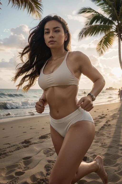 (best quality:1.5), (hyper-realistic:1.5), 26 year old skinny cambojan woman, pony-tailed long black haired, brown eyed, tanned yellow skin, wet hair, wet skin, standing naked in the beach, ripped abs, toned abs, front view, back view, night scenery, starry sky scenery