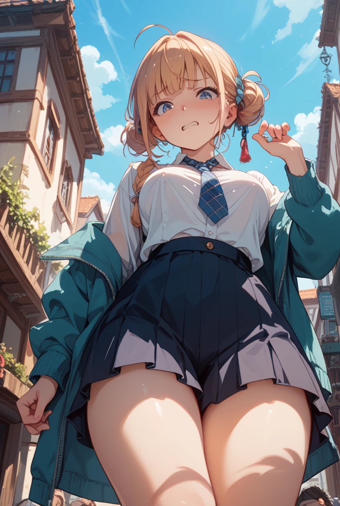 ((masterpiece, best qualtiy, hdr, 8k)), 1girl, solo, satomura akane, long hair, blond hair, blue eyes, twin braids, large braids, ONE school uniform, knee length skirt, red skirt, white socks, brown shoes, pink shirt with a red bow, closed small beige cardigan sweater, grass firld, dry faded grass, tall grass, rainy, (average breasts), full body, average thighs, detailed legs, flexible, (standing on one leg:1.2), (standing split:1.3), (hand holding one leg up), (seen from below:1.2), showing pink panties