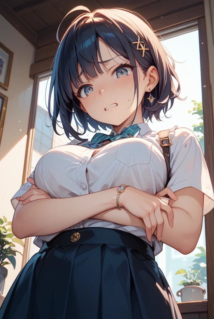 Main piece、high quality、High resolution、1 girl,single, Ruka Sarashina、jewelry、skirt、Maid uniform with bare chest、Japan maid café、black hairの女性、short hair、black hair、black pantyhose, blue eyes, long sleeve, Blue Hair Band, bangs, big breasts, cleavage, Medium waist, medium hips, wide thighs, Cowboy photos, smile, Charm, embarrassing, blush、large crowd of people, looking at the viewer,from below、high angle,とてもbig breasts、cleavage、No bra、No panties、No panties、非常に短いskirt、nipple、nippleを出す、Rubbing your own chest with both hands、Pose that emphasizes the chest、breast enhancement、1 girlと男の子1名, hetero, kiss, close your eyes, saliva, hug, blush, saliva trai、I feel it