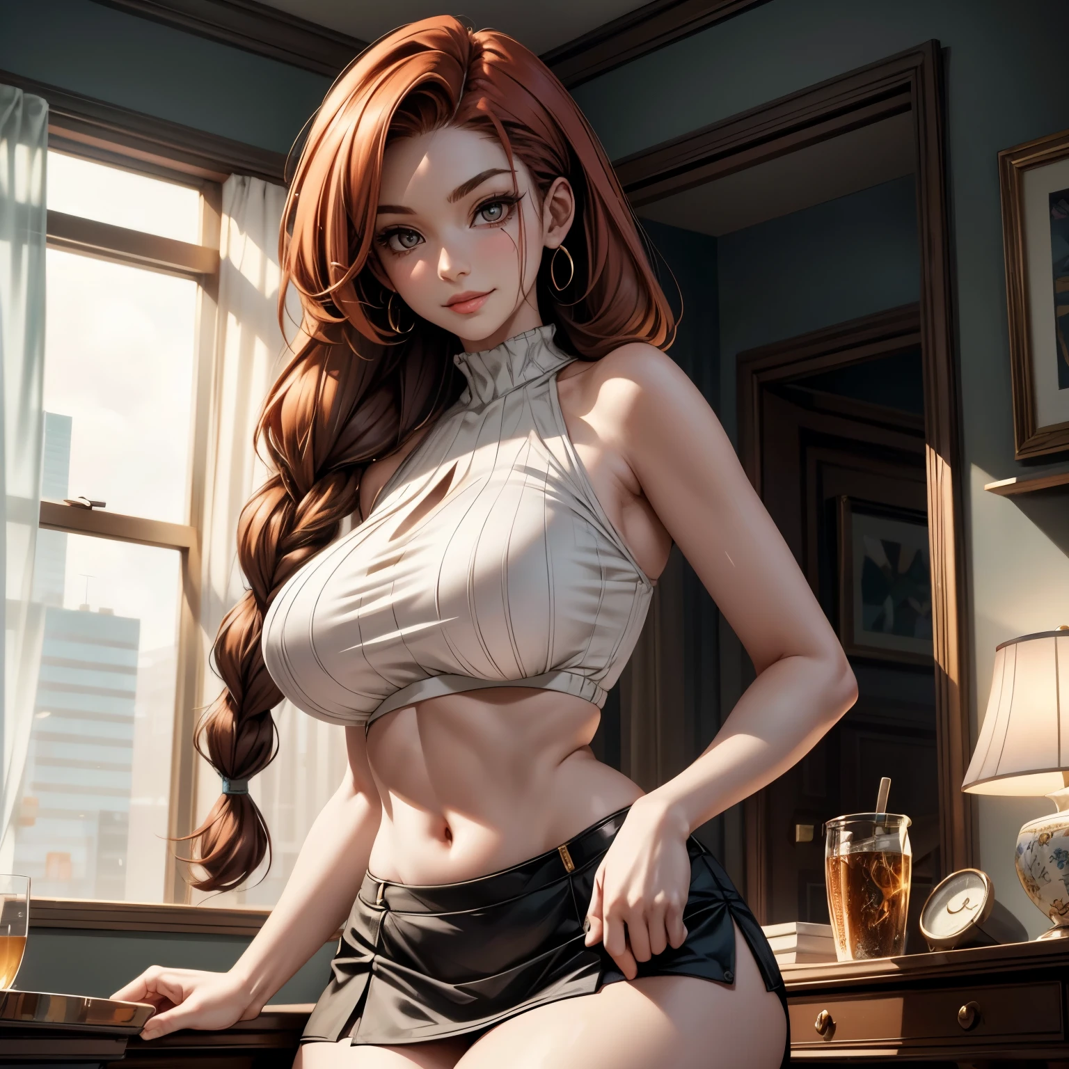 Blood-eyed Princess of Darkness, Redhead, Crown, Sexy body、Cleavage Emphasis、nice smile, Anime Style, Lens flare, High detail, First Person View, Cinema Lighting, masterpiece, Super detailed, highest quality, 8k, Ultra-high resolution
