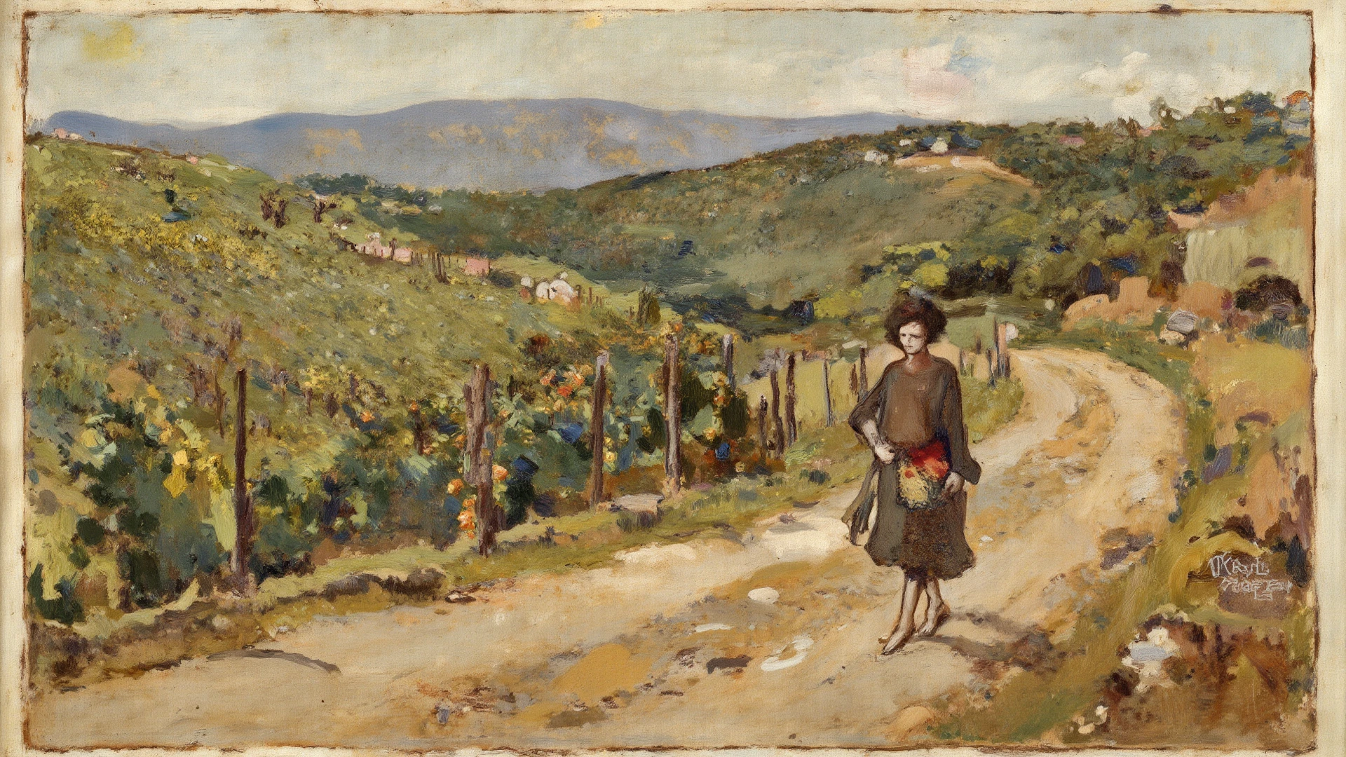 Pornographic, A oil painting, slender girl, big breasts, naked, a vineyard in the background, walking, black hair,