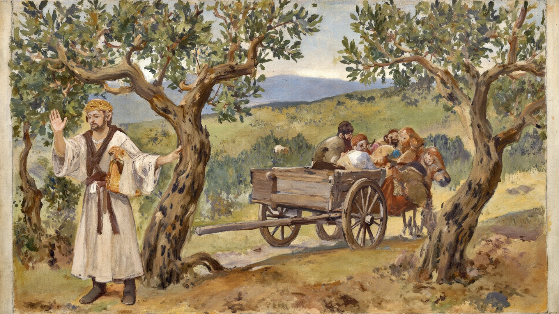 Year: 11th century. Location: Hungary. Pre-raphaelite scene with a 20-year-old english man, physician, attending patients, outdoors, in front of a cart, ((((11th century plain tunic)))) ((11th century hairstyle)), (((cinematic style)))