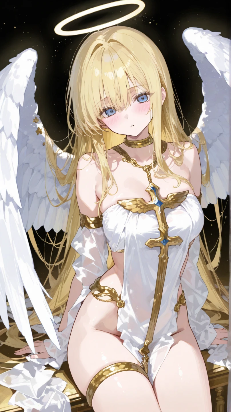 1 angel, fair skin, long blonde hair, golden eyes, white wings, ((detailed eyes:1.2)), medium breasts, wearing translucent white toga, elegant, sensual, sideboob, (masterpiece, top quality, best quality, official art, beautiful and aesthetic:1.2), extreme detailed, colorful, highest detailed