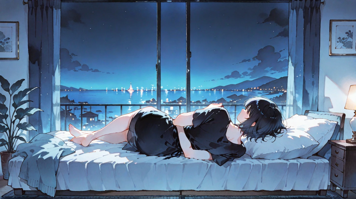 ((highest quality)), ((masterpiece)), (detailed), picture, young woman , ((night)) , Inside the room ,alone ,Looking out the window, Dark Room、 Loungewear