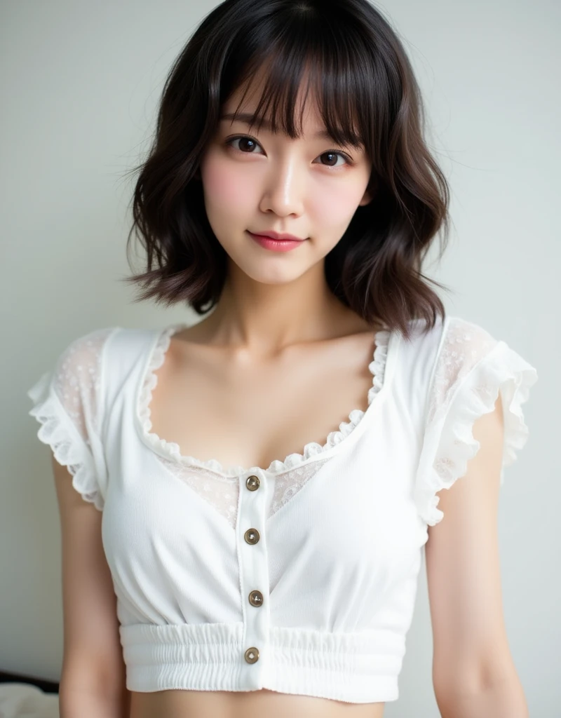 masterpiece, 1 beautiful girl, detailed, Swollen eyes, highest quality, 超High resolution, (reality: 1.4), Original photo, One girl, Cinema Lighting, smile, Japanese, Asian Beauty, Korean, clean, so beautiful, Small young face, Beautiful Skin, thin, Cyberpunk Background, (Ultra-realistic), (High resolution), (8k), (非常にdetailed), (Best illustrations), (Beautiful and detailed eyes), (非常にdetailed), (wallpaper), (detailedな顔), Viewers are watching, The finer details, detailedな顔, Pure Erotic Face Ace_v1, smile, 46 point diagonal bangs, Look straight ahead, Dress neatly, Dark Eyes, Costume (Date Dress), Body facing forward,Big big breasts