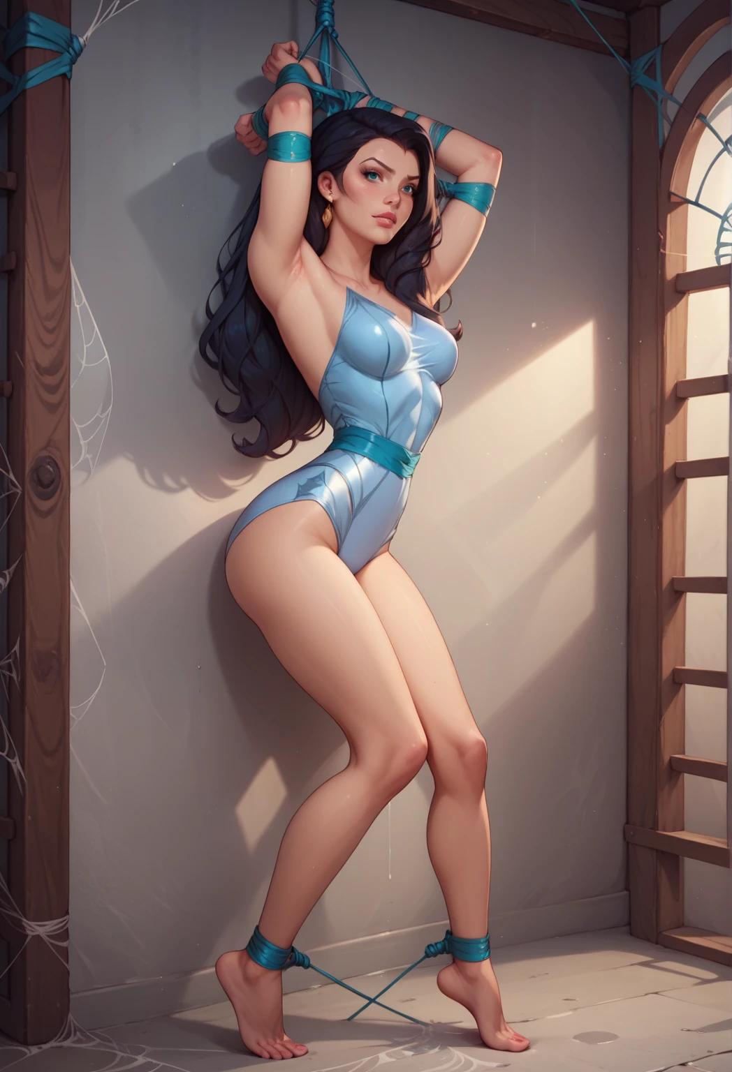 Curvy blue eyed girl with long wavy black hair and small breasts