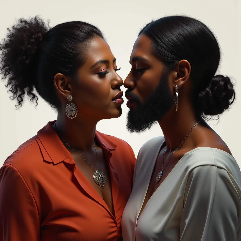 45-year-old brown skin adult boyish tomboy lesbians, 1 curvy bbw with braids wearing suits kissing each others bodies