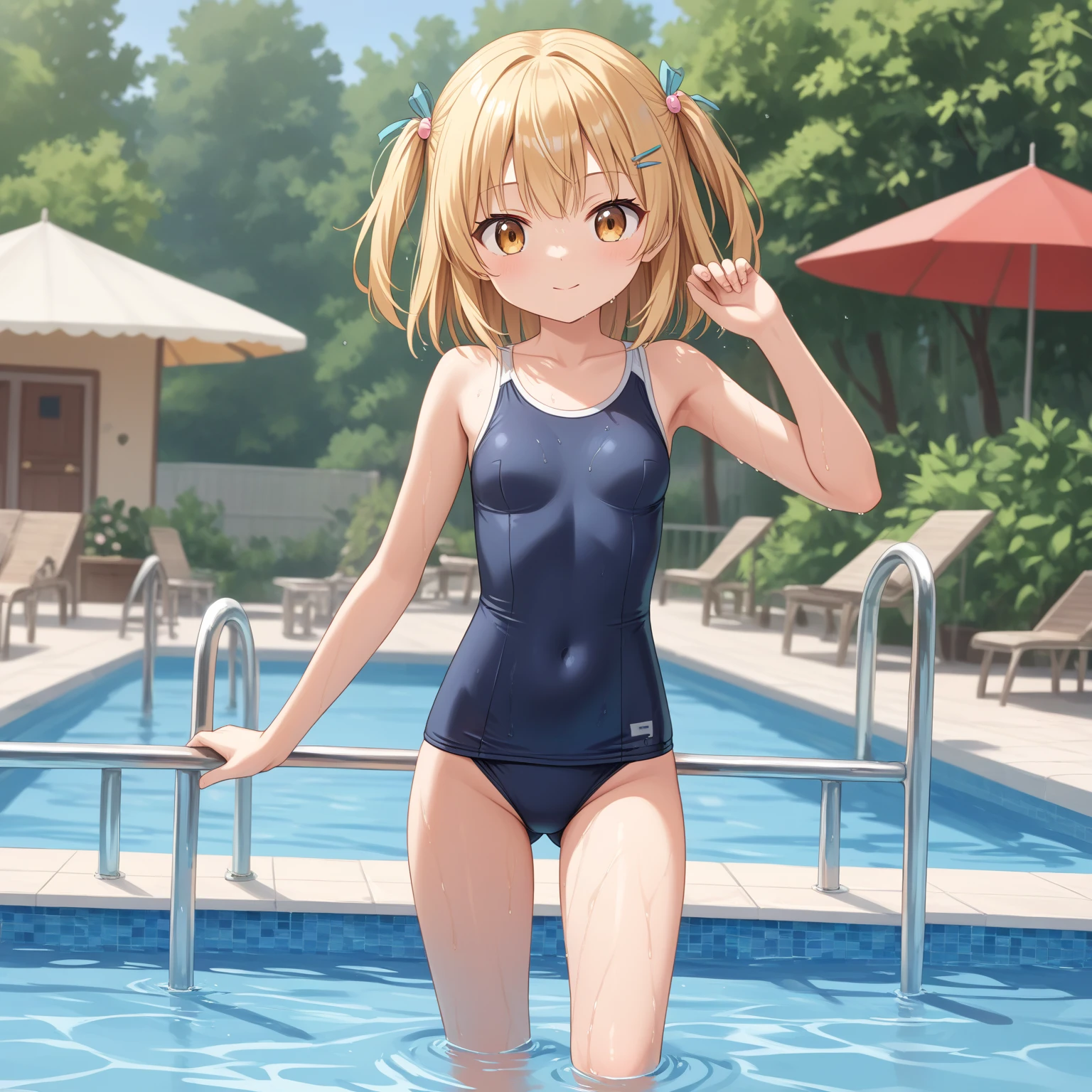 (masterpiece、highest quality、highest quality、Official Art、Beautiful and beautiful:1.2)、(One girl:1.3)Hatsune Miku、Twin tails,Beautiful ,Zara KC,Blonde Hair,(Contempt:1.5),(Disgust:1.5),blush,Are standing, Put your right hand on your chest,((masterpiece)),((highest quality)),((High resolution)), ((Super detailed)),Old-fashioned school swimsuit, One piece swimsuit, Navy blue school swimsuit, Landless Swimsuit, One girl, alone,From below,((from the front)),((Concrete Background)),((Caged)),prison,underground,Perfect Anatomy,