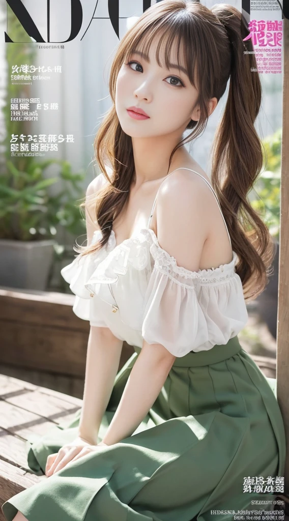 (Close-up:1.4)、(RAW shooting:1.2)、(photorealistic:1.4)、(masterpiece:1.3)、(highest quality:1.4)、solo、7 head and body、(slender and beautiful girl)、cute、(Medium chest:1.2)、(cleavage)、(full body shot)、8K、(muste piece:1.2)、(Cute off-the-shoulder、mini skirt：1.3)、(大きく開いた胸のCute off-the-shoulder：1.3)、view audience、(beautiful hands)、(beautiful thighs)、hair blowing in the wind、cute系、flower gardenに座る、flower garden、outdoor、(perfect anatomy:1.2)、