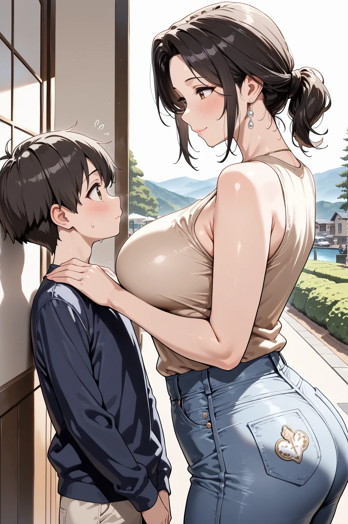 tall mom and son picture , small son hugging mom from behind, son grabbing mom breast, small son holding mom tits, sexy beautiful face mom showing tits to son, mom surprised, mom and son hugging, son grabbing mom tits from behind, mom showing tits, portrait, sexy portrait, 1mom 1son , small boy holding mom tits,